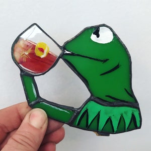 Kermit sipping tea stained glass tribute night light by Glass Action