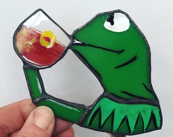 Kermit sipping tea stained glass tribute night light by Glass Action