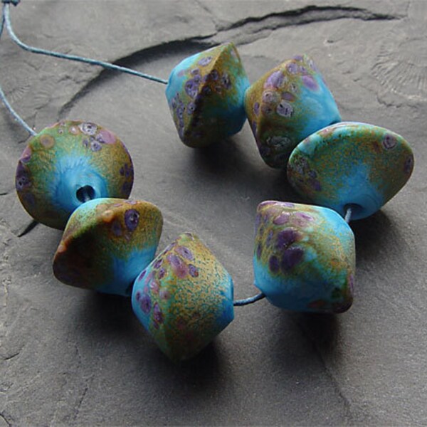 artisan lampwork, handmade  -   Expressive Turquoise with some Raku and a little Purple - by Calisto - MTO ( Made To Order)