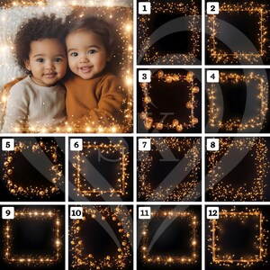 May include: Two smiling babies, one with curly hair, the other with straight hair, are nestled together. They are wearing neutral-toned sweaters. The image is framed with a warm, glowing string of fairy lights, creating a cozy and festive atmosphere.