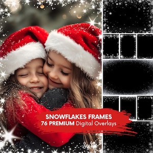 May include: Two young girls wearing red Santa hats hug each other. They are surrounded by a sparkling snowflake frame. The text "Snowflakes Frames 76 Premium Digital Overlays" is written in white on a red brushstroke.