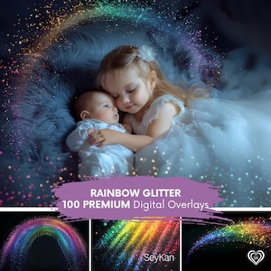 RAINBOW GLITTER Digital Overlay | Colorful Shimmer Sparkle Dust Arc Magic Light Trail Fantasy Fairy Glow Effect Background Photos (100 JPGs)