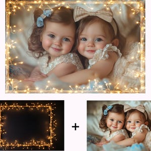 May include: Two young girls in white dresses and bows, framed by a rectangle of warm fairy lights. The girls are smiling and embracing. The image is a composite with a separate image of a fairy light frame.