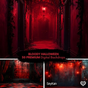 BLOODY HALLOWEEN Digital Backdrop | Red Haunted Mansion Creepy Room | Horror Scary Studio Portrait Composite Background for Photos (30 JPGs)