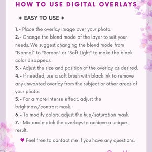 May include: A light purple graphic with instructions on how to use digital overlays. The text includes steps on blending modes, adjusting size, and modifying colors. Floral accents frame the text, with the name "SeyKan" at the bottom.