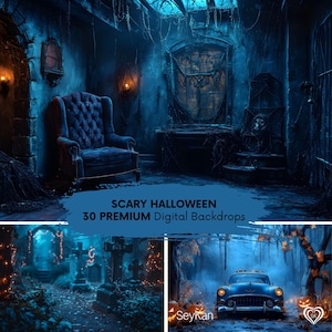 SCARY HALLOWEEN Digital Backdrop | Dark Blue Haunted Mansion Creepy Forest | Foggy Mist Horror Spooky Studio Background for Photos (30 JPGs)