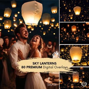 SKY LANTERNS Digital Overlay | Romantic Floating Festival Glow Night Light Paper Chinese Wish Lantern Effect Celebration Background (80 JPG)