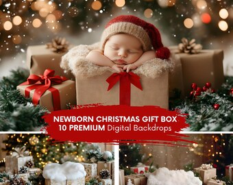 NEWBORN CHRISTMAS GiFT BOX Digital Backdrop | Baby First Xmas Present Scene | Snowy Festive Holiday Background for Kid Photography (10 JPGs)
