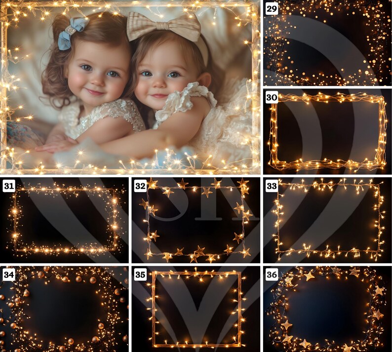 May include: Two young girls in white dresses and bows, framed by a border of warm, glowing fairy lights. The image has a soft, dreamy quality, perfect for a holiday or special occasion theme. The frame is made of small, warm-toned lights.