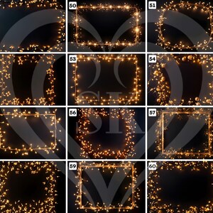May include: A collection of nine images featuring illuminated string lights arranged in rectangular and square frames. The warm, golden lights create a festive and decorative border against a dark background, suitable for holiday or event themes.