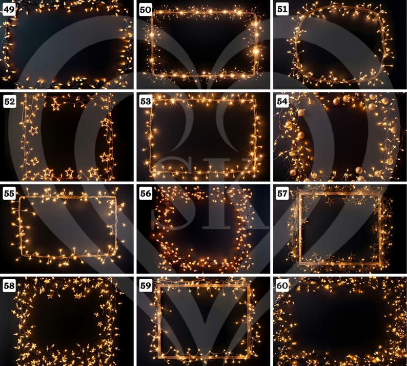 May include: A collection of nine images featuring illuminated string lights arranged in rectangular and square frames. The warm, golden lights create a festive and decorative border against a dark background, suitable for holiday or event themes.