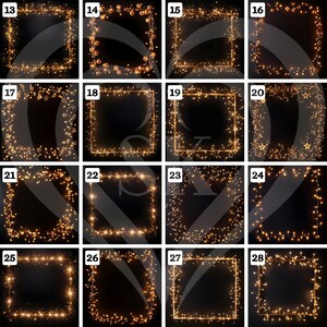 May include: A collection of 16 square frames with various illuminated designs. Each frame is outlined with warm, golden lights, some featuring star-shaped accents or small, round bulbs. The backgrounds are dark, creating a contrast that highlights the glowing frames.