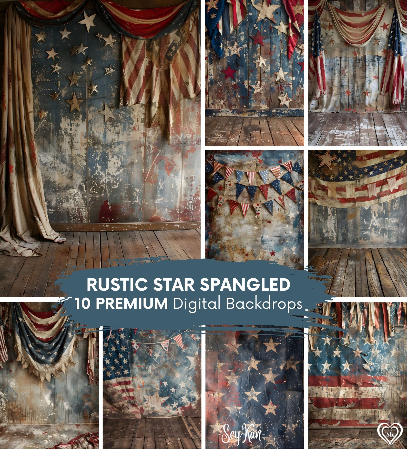 Rustic Star Spangled DIGITAL BACKDROP Usa Distressed Retro Flag God ...