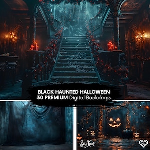 Black Haunted Halloween BACKDROP Gothic Dark Mansion rooms creepy Pumpkins Studio scary Photos Theme Composite 30 Spooky DIGITAL Backgrounds