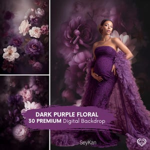 Peut inclure: Un fond numérique floral violet foncé avec une femme portant une robe bustier violette et un châle à volants assorti. La toile de fond présente de grandes fleurs violettes et le texte "DARK PURPLE FLORAL 30 PREMIUM Digital Backdrop".