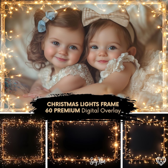 Christmas Lights Photo Frame OVERLAY Xmas Gold Fairy Lights for Family & Kids Portraits Merry Christmas 2026 Holiday 60 DIGITAL Background