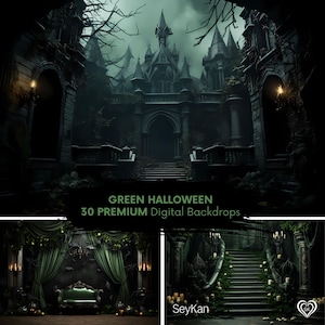 GREEN HALLOWEEN Digital Backdrop | Horror Haunted Mansion Photoshoot | Creepy Eerie Ghostly Theme Spectral Studio Photo Composites (30 JPGs)