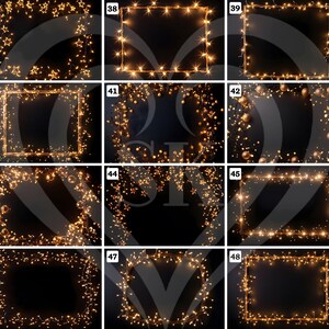 May include: A collection of nine images featuring illuminated string lights arranged in various rectangular and square frames, and decorative borders. The lights are warm white, creating a festive and inviting ambiance against a dark background.