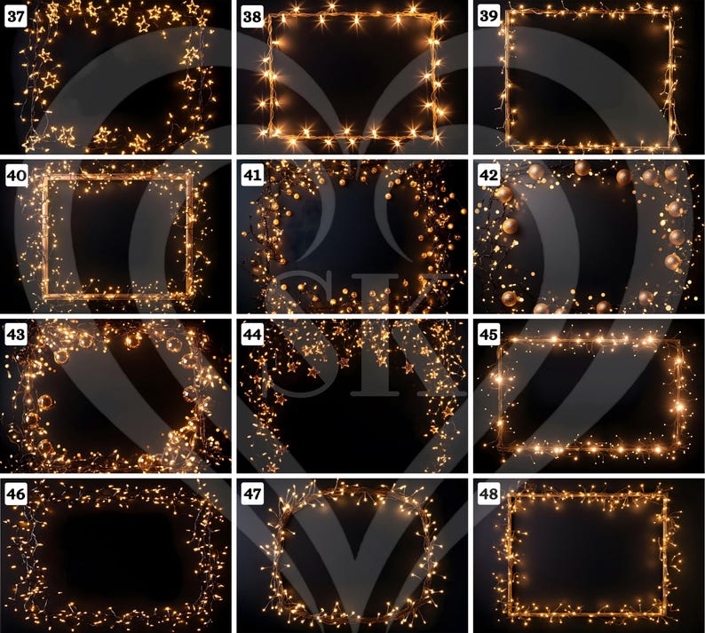 May include: A collection of nine images featuring illuminated string lights arranged in various rectangular and square frames, and decorative borders. The lights are warm white, creating a festive and inviting ambiance against a dark background.