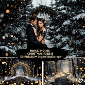 BLACK & GOLD CHRISTMAS Forest Digital Backdrop | Glam Winter Wonderland Path | Luxury Holiday Maternity + Portrait Xmas Background (30 JPGs)