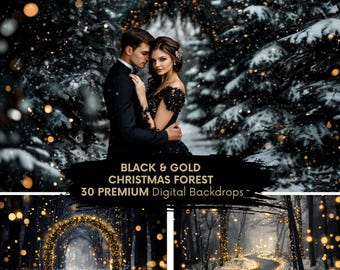 BLACK & GOLD CHRISTMAS Forest Digital Backdrop | Glam Winter Wonderland Path | Luxury Holiday Maternity + Portrait Xmas Background (30 JPGs)