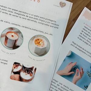 May include: A step-by-step guide in Spanish for making candles, featuring images of different candle containers, a wick, and a hand holding a wick. The text in the image reads "Paso a paso" which means "Step by step" in English.