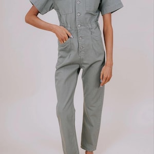 Free People We The Free Marci Jumpsuit Washed Army Sage Green Denim Coverall Large image 1