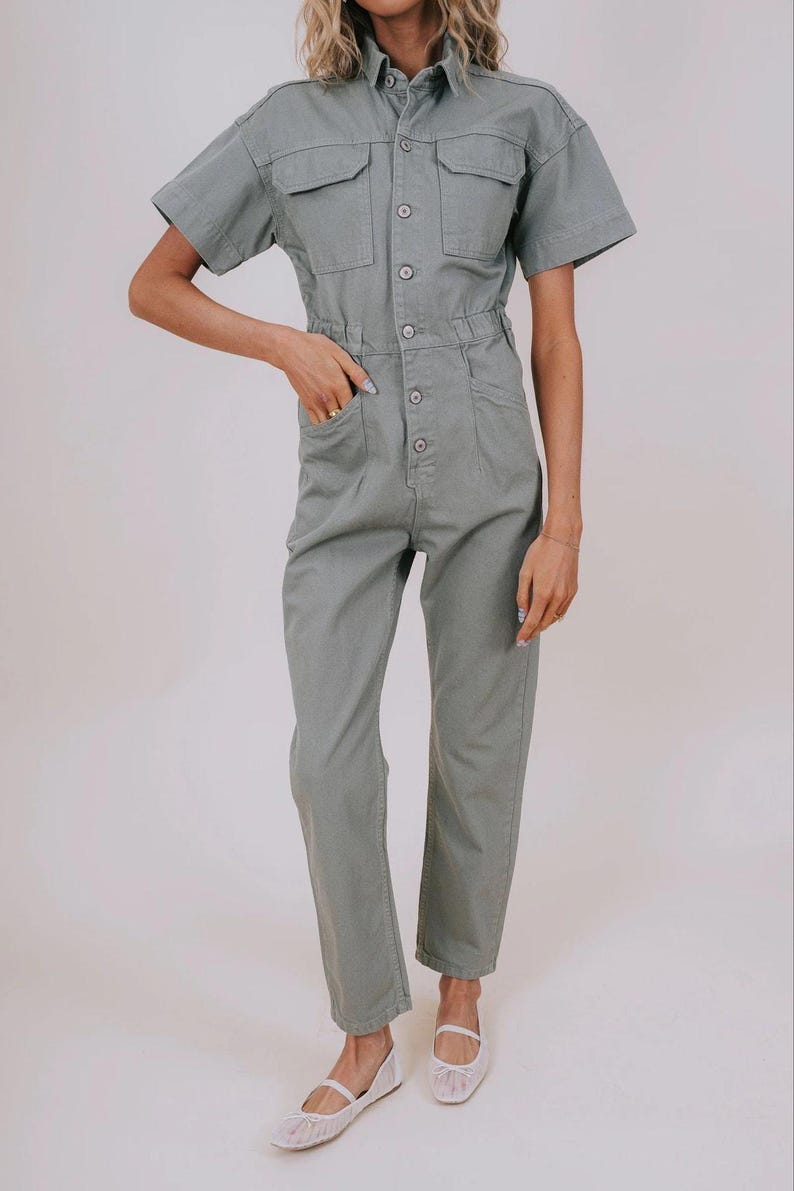 Free People We The Free Marci Jumpsuit Washed Army Sage Green Denim Coverall Large image 1