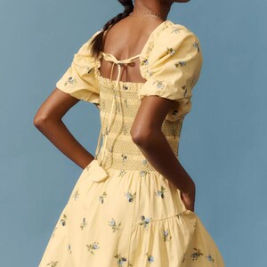 Anthropologie Puff Sleeve Smocked Mini Dress Butter Yellow Floral Large image 2