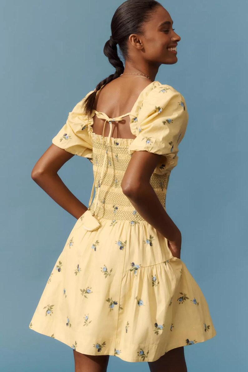 Anthropologie Puff Sleeve Smocked Mini Dress Butter Yellow Floral Large image 2