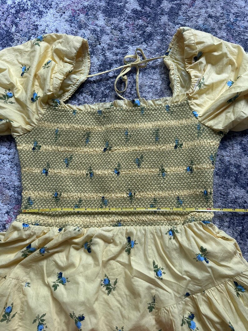 Anthropologie Puff Sleeve Smocked Mini Dress Butter Yellow Floral Large image 7