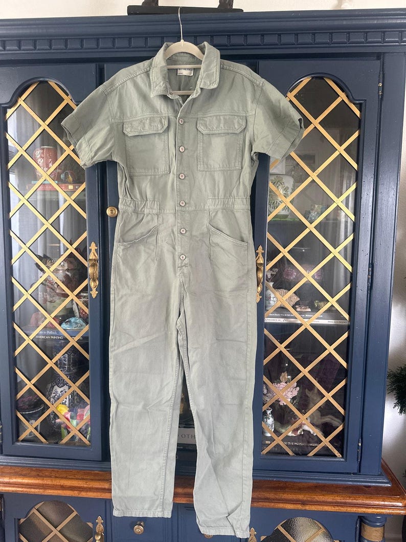 Free People We The Free Marci Jumpsuit Washed Army Sage Green Denim Coverall Large image 3