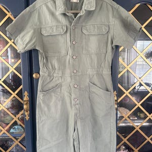 Free People We The Free Marci Jumpsuit Washed Army Sage Green Denim Coverall Large image 9