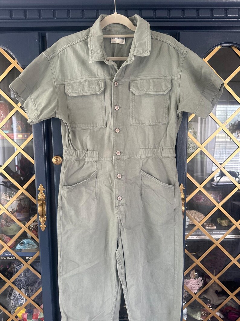 Free People We The Free Marci Jumpsuit Washed Army Sage Green Denim Coverall Large image 9