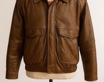 Vintage Men's Italian Collezioni Brown Leather Bomber Jacket Size 44 Fully Lined