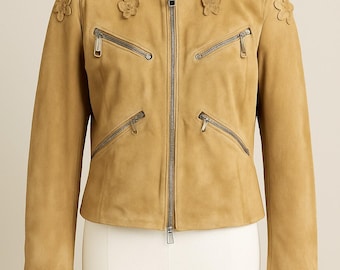 Vintage Blumarine suede leather biker jacket with flowers tan 8/10  Italy Y2K