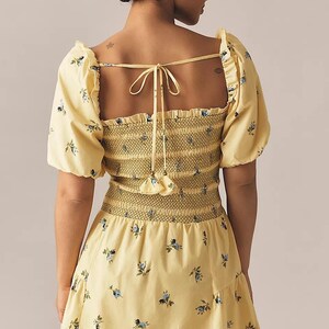 Anthropologie Puff Sleeve Smocked Mini Dress Butter Yellow Floral Large image 13