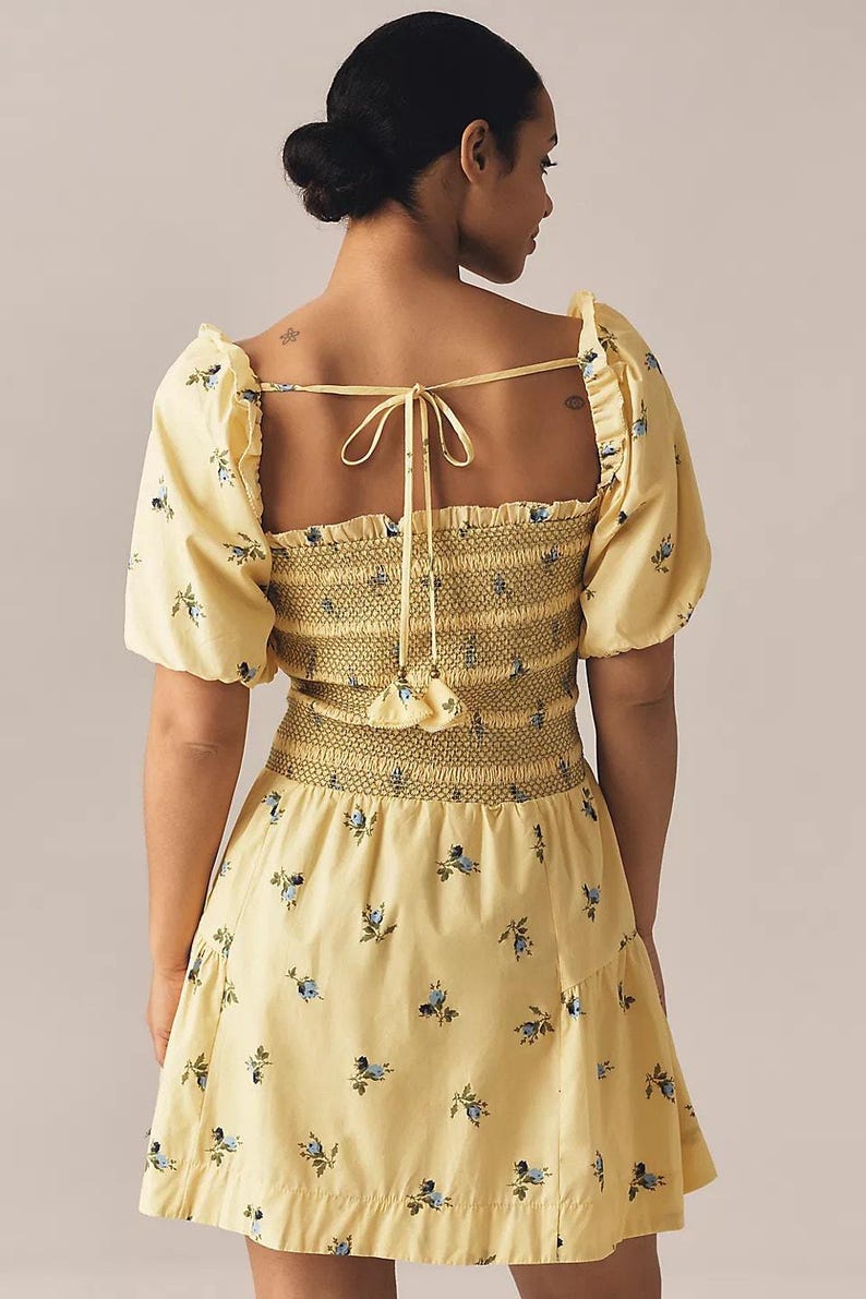 Anthropologie Puff Sleeve Smocked Mini Dress Butter Yellow Floral Large image 13