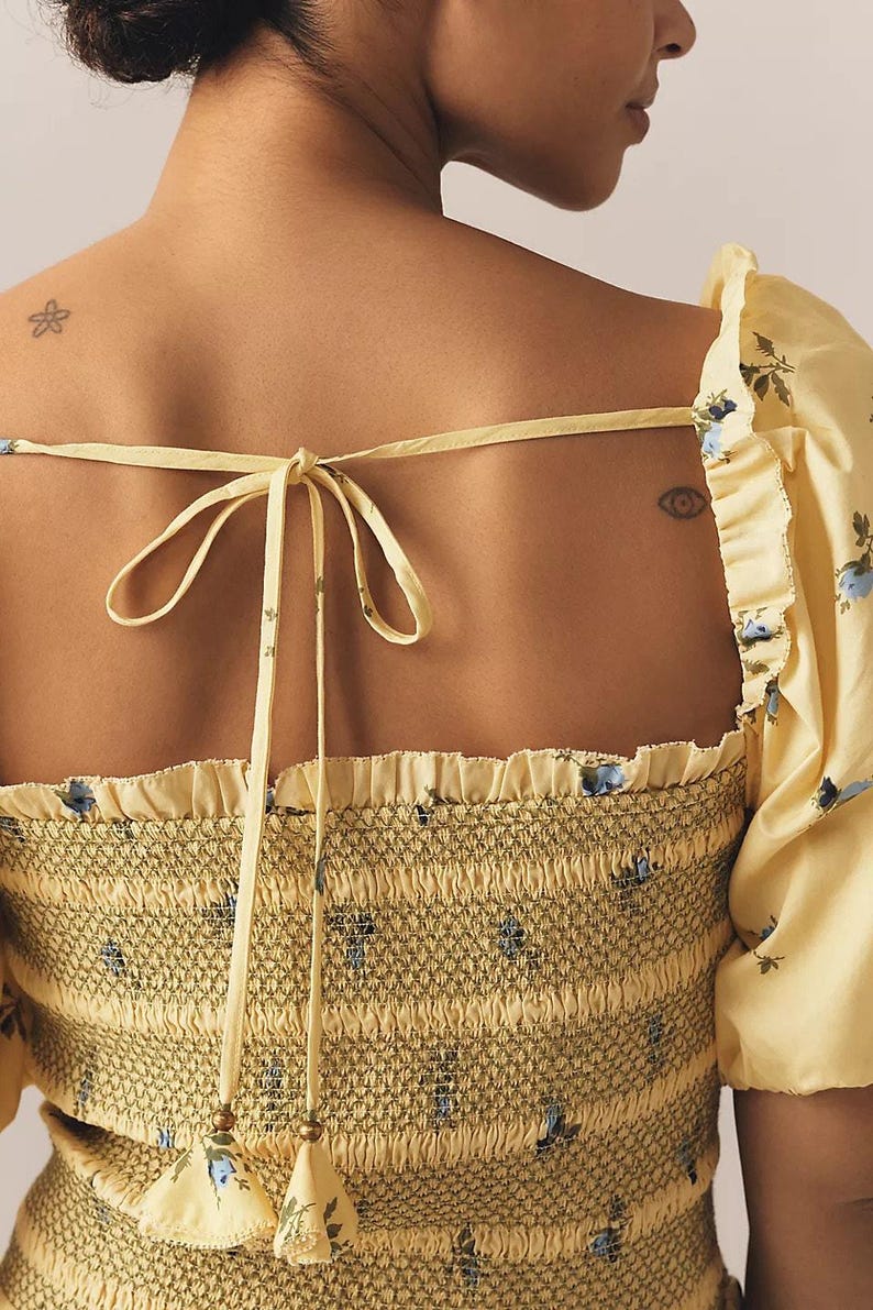 Anthropologie Puff Sleeve Smocked Mini Dress Butter Yellow Floral Large image 3