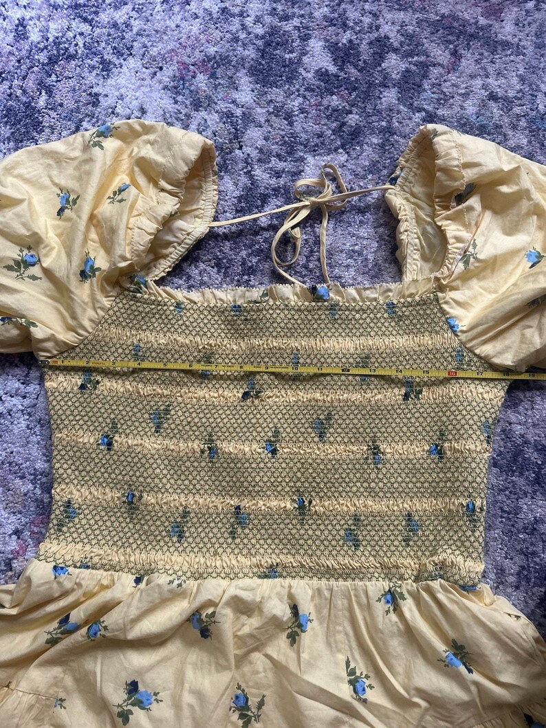 Anthropologie Puff Sleeve Smocked Mini Dress Butter Yellow Floral Large image 6