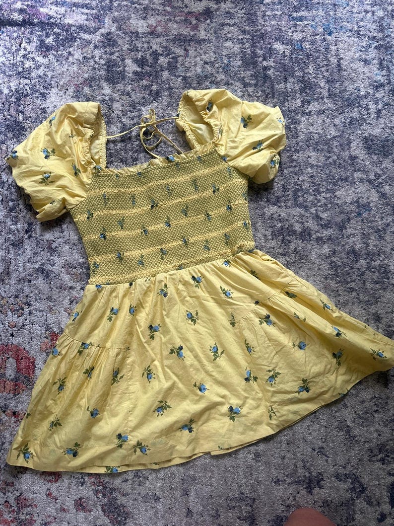 Anthropologie Puff Sleeve Smocked Mini Dress Butter Yellow Floral Large image 11