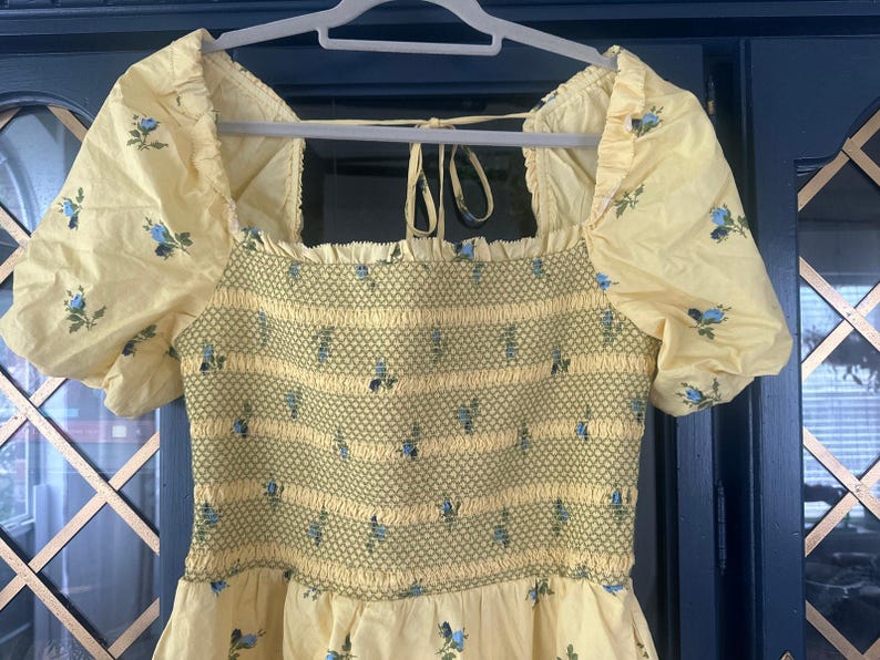 Anthropologie Puff Sleeve Smocked Mini Dress Butter Yellow Floral Large image 8
