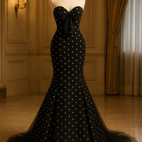Jovani Black Gold Polka Dot Strapless Sweetheart Mermaid Gown Tulle Train 6