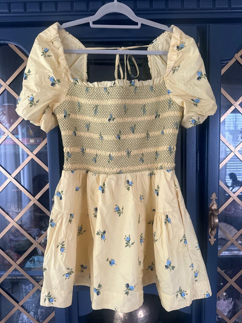 Anthropologie Puff Sleeve Smocked Mini Dress Butter Yellow Floral Large image 4
