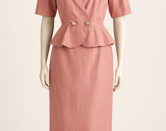 Vintage 1950s Pink Taffeta Peplum Skirt Suit – Puff Sleeve Blazer & Skirt Set Medium Large