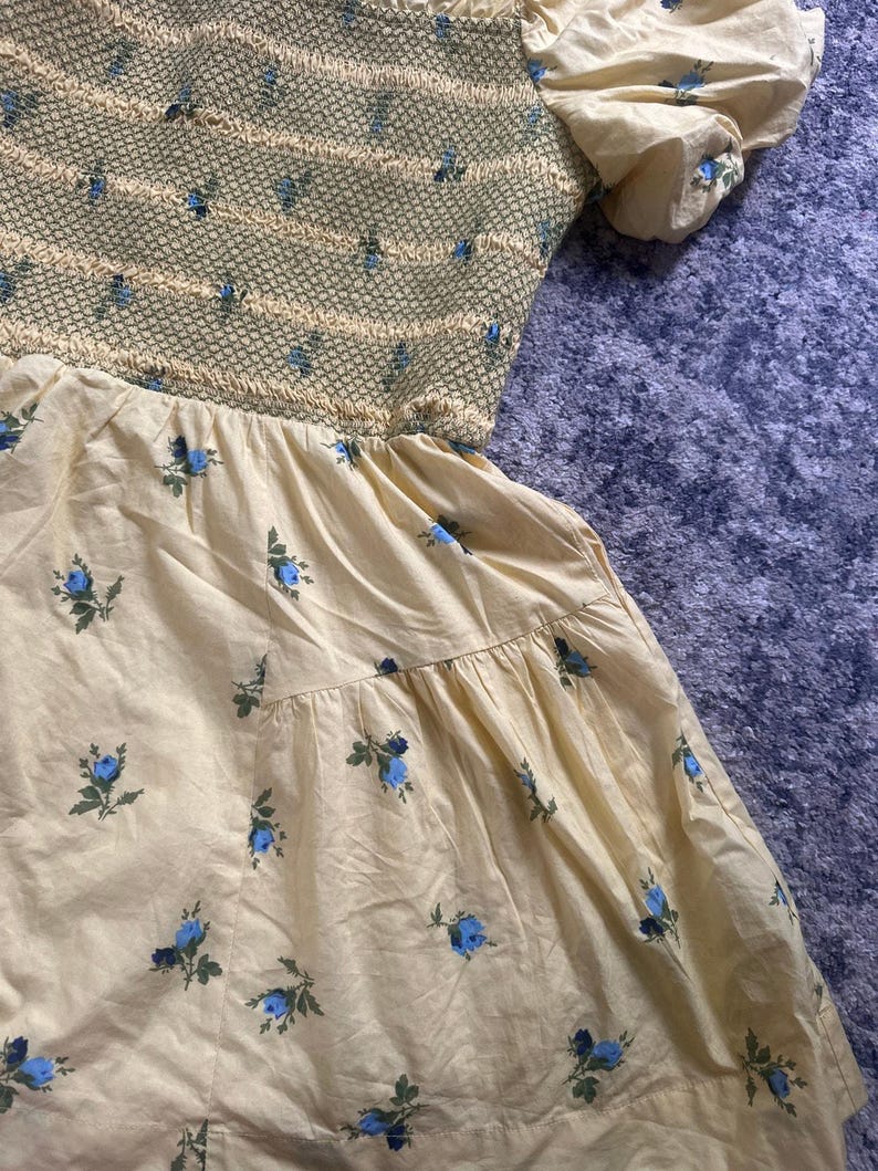 Anthropologie Puff Sleeve Smocked Mini Dress Butter Yellow Floral Large image 12