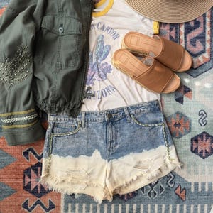 Free People Embroidered Denim Cut Off Bleached Lowtide Shorts Distressed Jean 28 image 1