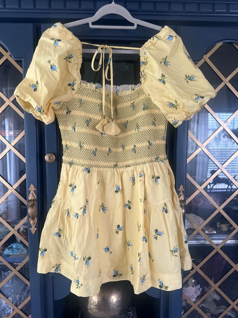 Anthropologie Puff Sleeve Smocked Mini Dress Butter Yellow Floral Large image 5