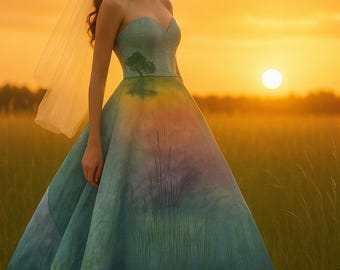 Hand-Painted One of a kind Strapless Beaded Sunset Ombre Gown -Art Couture Sz 6