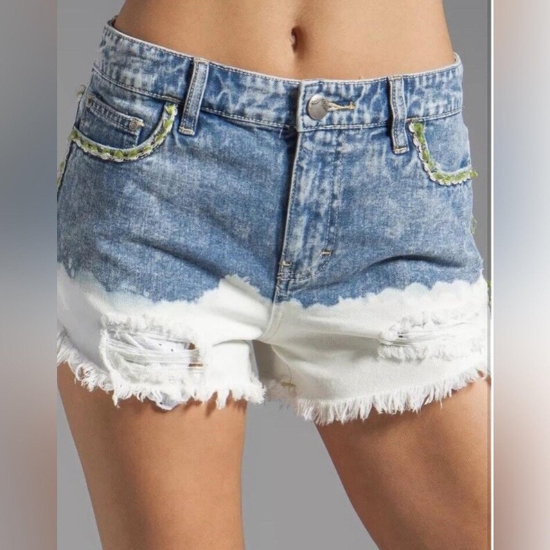 Free People Embroidered Denim Cut Off Bleached Lowtide Shorts Distressed Jean 28 image 3